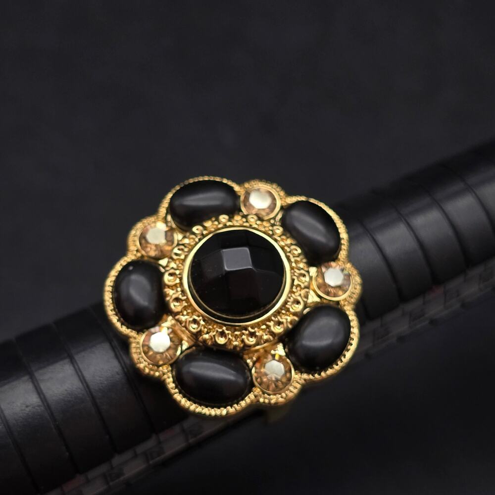 18K Gold Plated Bronze BC Cocktail Ring Black Rhinestone Size 10